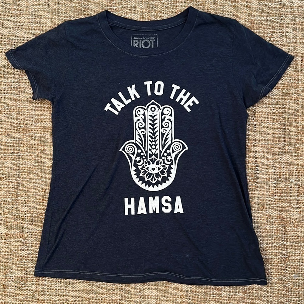 Talk to the Hamsa Short Sleeve T Shirt Small Navy Blue and White